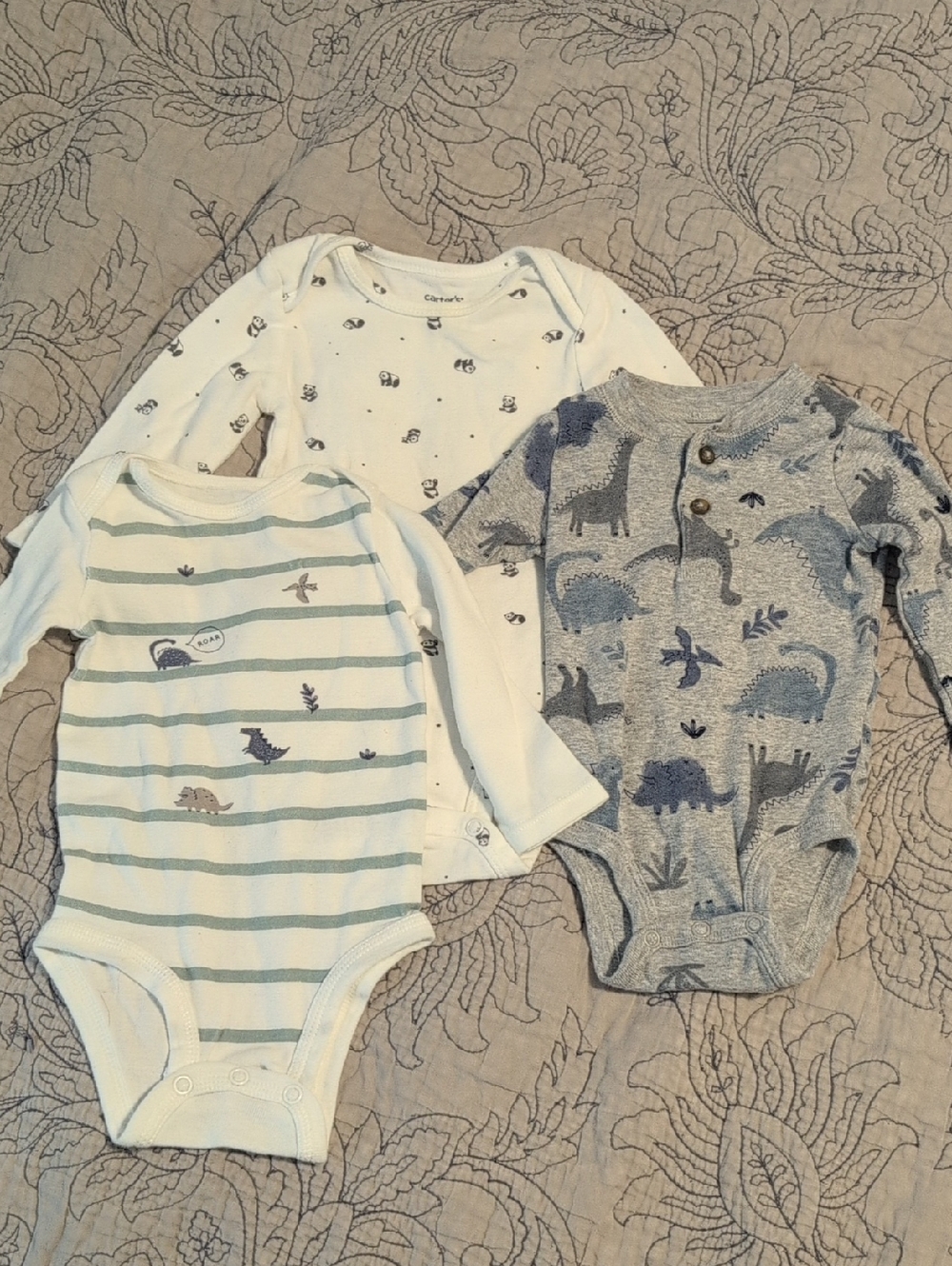 Carter's Long-Sleeve Baby One-Pieces in White, Light Blue, Gray